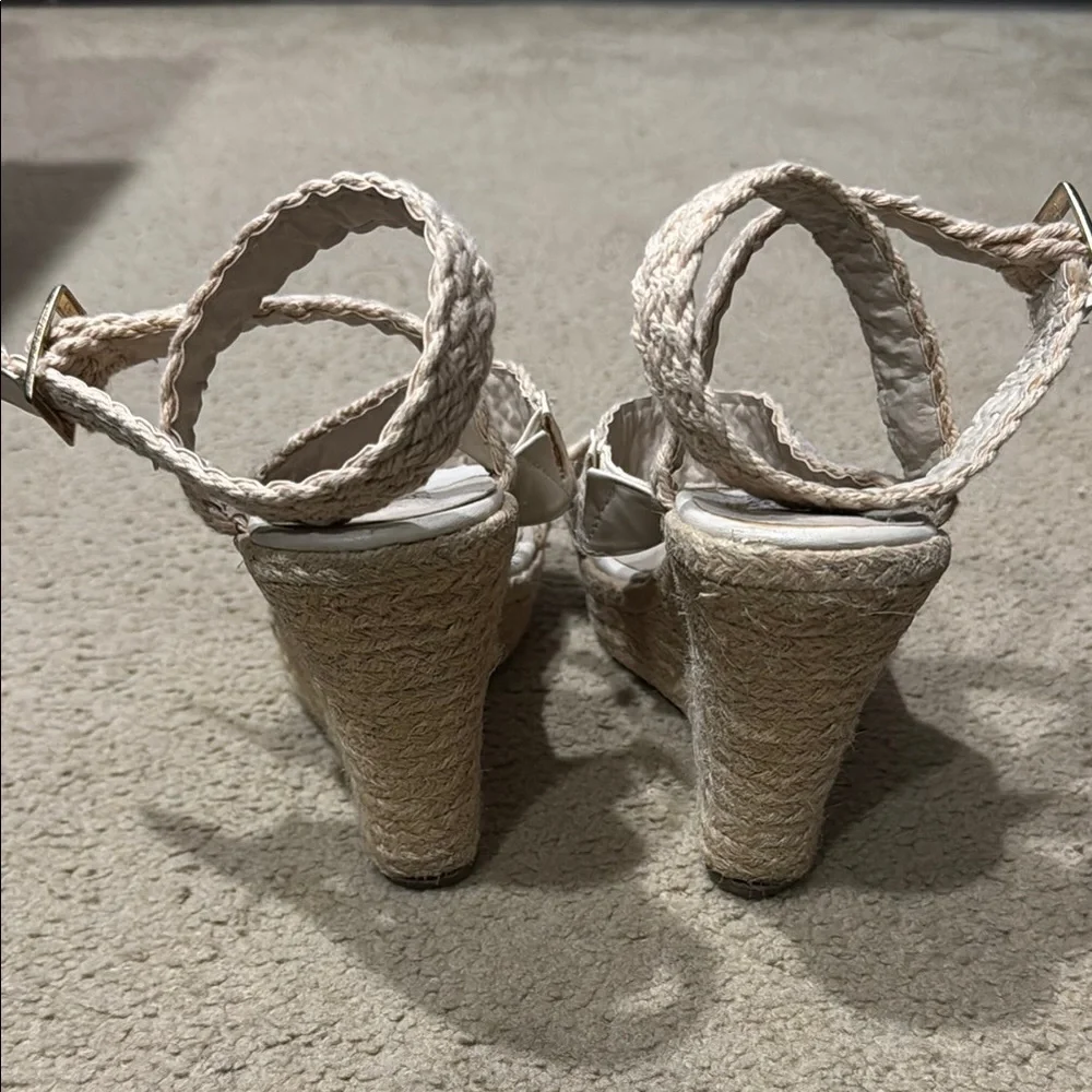 N.Y.L.A. Cream Wedge Sandals with Textured Straps